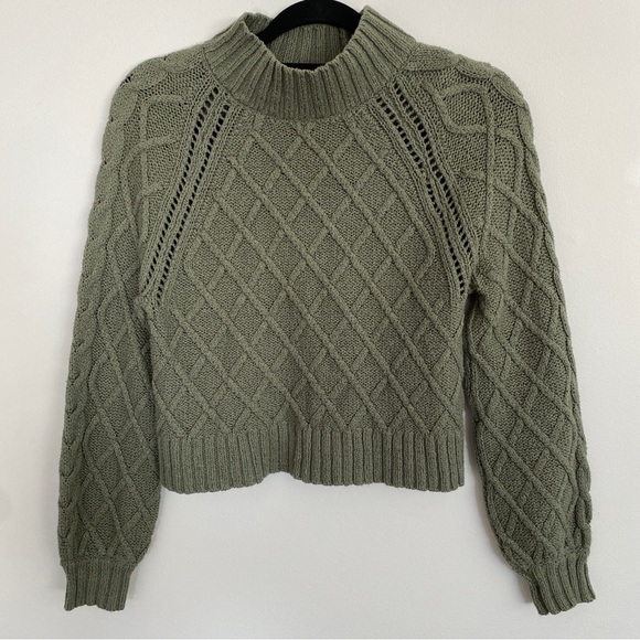 American Eagle Olive Green Cable Knit Mockneck Sweater - Picture 2 of 5